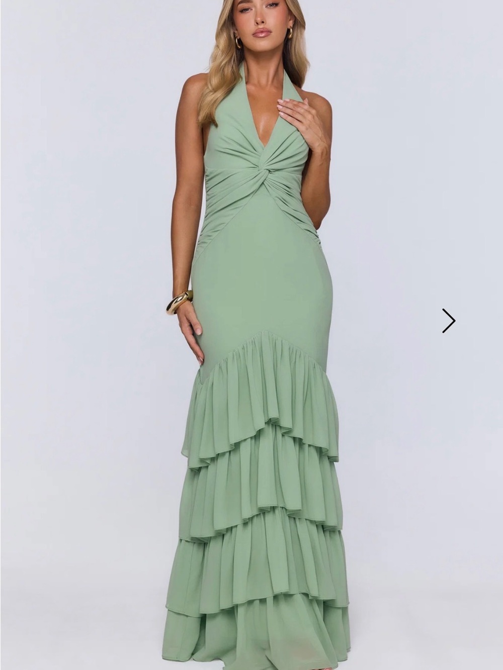 Hello Molly Sage Halter Ruffle Mermaid Gown